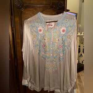 JOHNNY WAS Taupe silk small oversized tunic with silk embroidery.